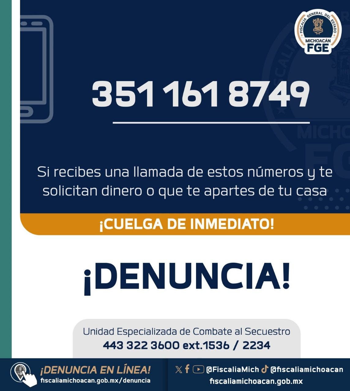 Fiscalía General rescata a un adolescente de 13 años de edad, víctima de secuestro virtual, en La Piedad